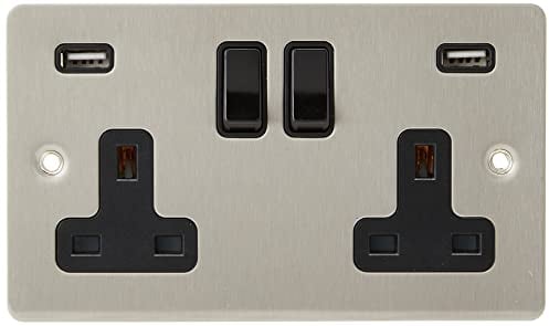 AET USBFSC2GSOCBL Satin Chrome Flat 2 Gang w Charging Ports Black Insert Plastic Rocker Switches-13 Amp Double Plug Socket & Dual USB Power Outlet