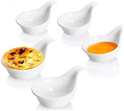 Leoyoubei White Dipping Bowls with Grip Handle,2 oz PorcelainTomato Sauce,Soy,Ketchup,Porcelain Dipping Bowls,Caviar,BBQ,Appetizer Spoon Styl Tableware 2.75,Stackable Ramekins 5 Pack