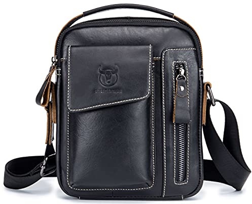Herren Sling Bag Tasche Leder, BULLCAPTAIN echtes Leder Schultertasche Hochformat Umhängetasche Brusttasche Rucksack zum Wandern, Radfahren, Reisen, Freizeit oder Multipurpose Täglichen Tasche Schwarz