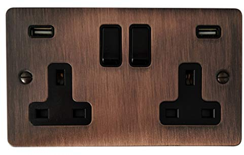 G&H Brassware FAC910B Flat Plate Antique Copper 2 Gang Double 13A Switched Plug Socket 2.1A USB for Smartphones, Tablets, USB-powered devices - Brown, 145mm x 70mm Wall Socket