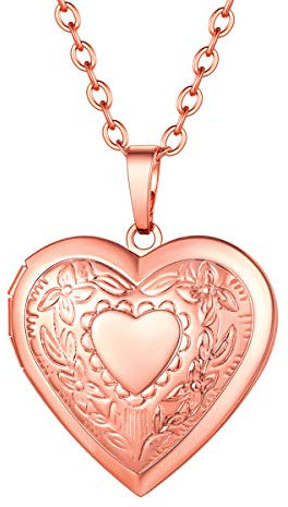 FOCALOOK Rosegold vergoldet Damen Herz Anhänger Halskette vintage Medaillon zum Öffnen für Foto Bilder mit 55cm Rolokette Modeschmuck für Mutter Ehefrau Großmutter