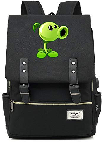 WANHONGYUE Plants vs. Zombies Game College Student Schoolbag Vintage Rucksack 15.6-inch Laptop Backpack with USB Charging Port Black / 1