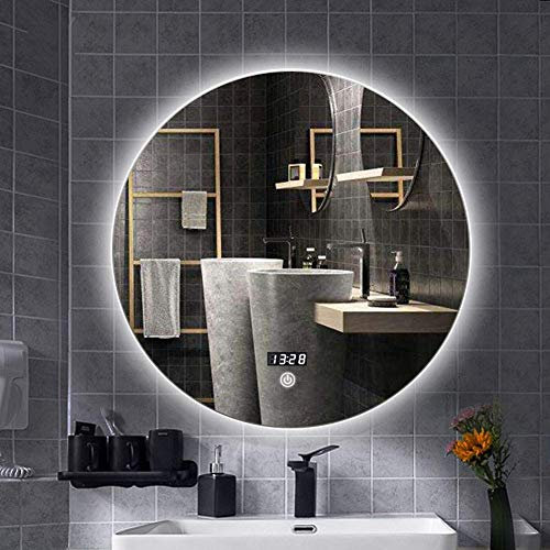 SLRMKK Spiegel, Round Touch beleuchtete LED-Badezimmerspiegel hinterleuchtete Wand Make-up Spiegel/Defogging + Zeit/Eitelkeit