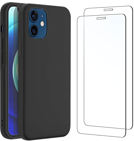 NEW'C Coque pour iPhone 12, iPhone 12 Pro Silicone Ultra Fine Noir et 2 × Verre trempé pour iPhone 12, iPhone 12 Pro Film Protection écran