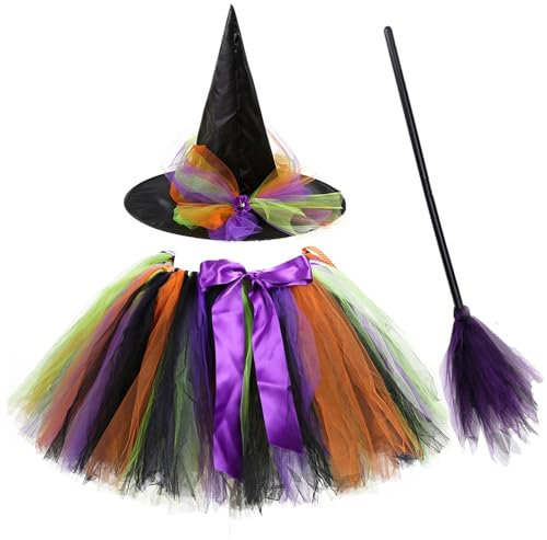 Hifot Costume Strega Bambina Tutu e Cappello Scopa ,Vestito Halloween Carnevale Cosplay