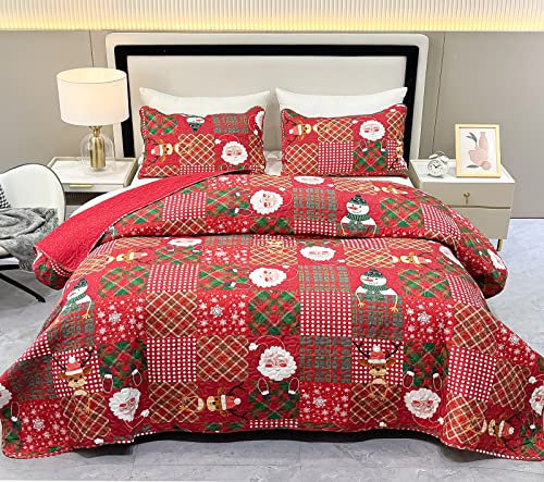 Parure de lit de Noël matelassée légère et réversible à carreaux pour lit simple avec housse de couette et taie d'oreiller en patchwork rouge