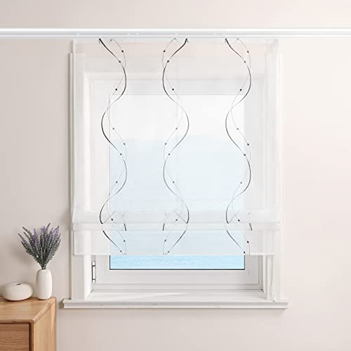 ESLIR Raffrollo Weiß Raffgardine mit Klettband Gardinen Küche Transparent Bändchenrollo Voile Bestickt mit Wellen Muster Grau BxH 140x140cm 1 Stück