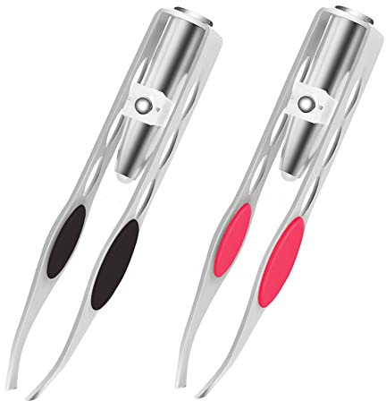 VOANZO 2 pinzas de precisión con luz LED para cejas y pestañas para hombres y mujeres (negro + rojo)