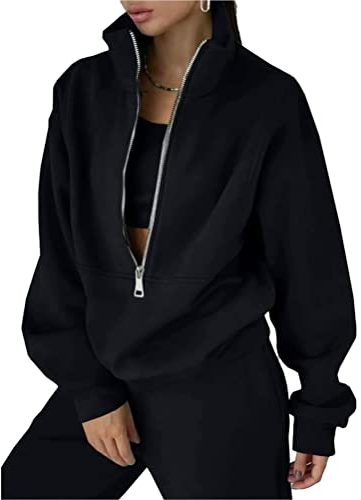ORANDESIGNE Damen Jogginganzug Frauen Fleece 2 Stück Outfits Jogginganzug Pullover mit Halbem Reißverschluss Sweatshirt + Jogginghosen Trainingsanzug Set Sportanzug A Schwarz M