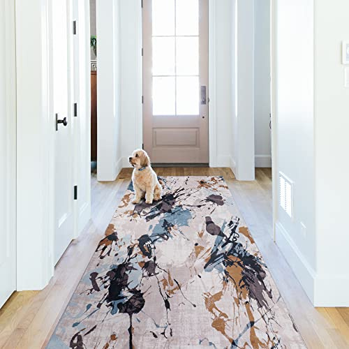 NETLINE HOME Waschbarer Kurzflorteppich, rutschfest, Boho Vintage Teppich, faltbar für Wohnzimmer & Schlafzimmer – Blau Weiß