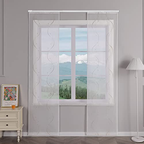 Delien Schiebevorhänge 2er Set Transparente Schiebegardinen Modern mit Paneelwagen Flächenvorhänge mit Wellenmuster Wohnzimmer Fenster Gardinen Bestickt mit Klettband BxH 57x145cm,Sand