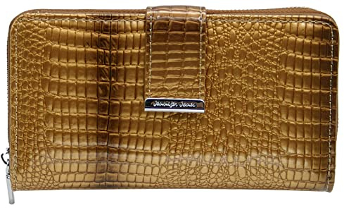 Jennifer Jones - Damen Leder Geldbörse - Geldbeutel mit RFID-Schutz | Großes modisches Portemonnaie in Croco-Optik, Druckknopf, Reißverschluss, viele Fächer (Camel)