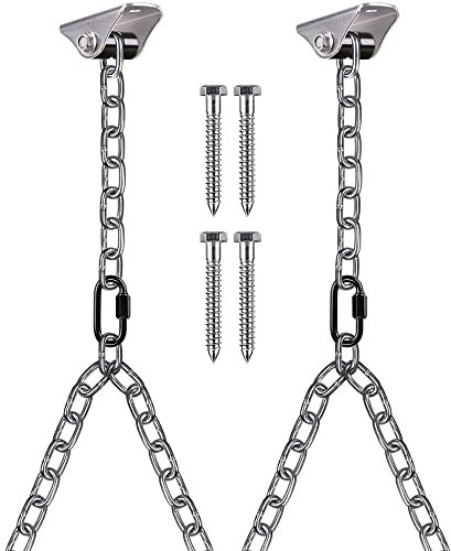 BeneLabel Schaukelhaken Holz Decke Aufhänger 2pcs Hängematte Stuhl Hängen Schraube 180° Schwenk Silentbuchse Hardware Karabiner Set 2M Silber Y Kette für Spielplatz Stuhl Hängesessel, 1000lbs