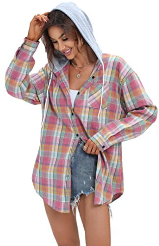 Jhsnjnr Womens Button Down Checked Shirts Oversized Boyfriend Long Sleeve Hooded Flannel Shirt Pink