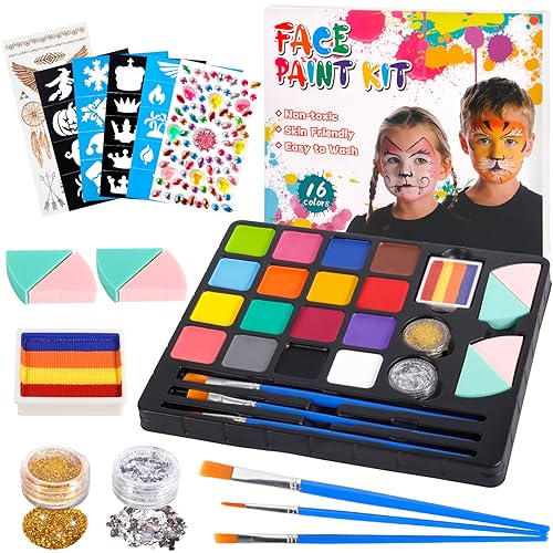 Pintura Corporal y Facial, 16 Colores Seguridad No Tóxica Pintura Facial, Kit de Pintura Facial con 36 Plantillas 3 Pinceles, Pintura de Cara para Niños Halloween Fiestas Cosplay Semana Santa