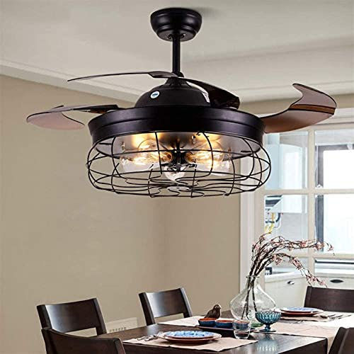 HWSY Loft Industriel Ventilateur Lustre Vintage Ventilateur de Plafond avec Lumière Rétro Ventilateur de Plafond Lampe Rétro Restaurant Américain avec Ventilateur Silencieux Ménage LED Télécommande