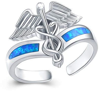 ZIPPICE Doppelte Schlangenzepterringe magische Hexenringe Sterlingsilber Krankenschwesterringe blauer Feueropal verstellbarer offener Schlangenring Bandring für Frauen