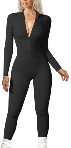 JN JANPRINT Ribbed Jumpsuit for Women Yoga Unitard Long Sleeve Sport Romper Zip Up V Neck Gym Playsuits Bodycon All In One Jumpsuits(Black,M)