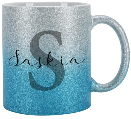 Tasse mit Glitzer personalisiert Keramik 300 ml (Silber-Blau, Buchstabe)