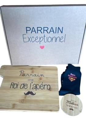 Cadeau Parrain Original – Box Cadeau avec Planche Apéro en Bois 20x30 cm, Dessous de Verre et Paire de Chaussettes Super Parrain | Idée Cadeau Pour Noël, Anniversaire ou Fête des Parrains