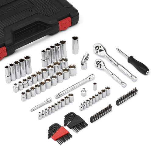 EMENTOL 94PCS 1/4 and 3/8 Drive Master Socket Set, CR-V, SAE/Metric Mechanic Tool Set with Ratchet, Bits, Extension Bars, Universal Joint, Adapter, Hex Keys
