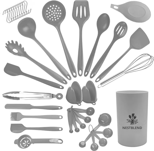 NestBlend Nonstick Grey Kitchen Utensils Set - 38 Pieces Kitchen Utensil Set - Kitchen Gadgets Cookware Set - Cooking Utensils Silicone Kitchen Set - Utensils Set with Holder Heat Resistant (Grey)