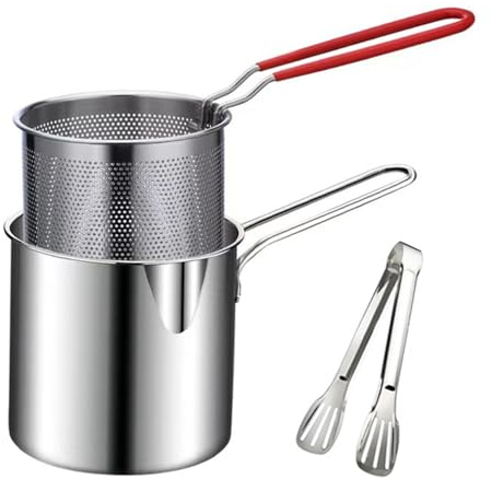 Deep Fryers, Stainless Steel Fryer Pan Fryer with Basket & Tongs, Mini Griddle French Fry Chips Net Deep Fryer Frying Pan Spaghetti Basket Turkey Fryer Pot for Fries Fish Chicken Wings