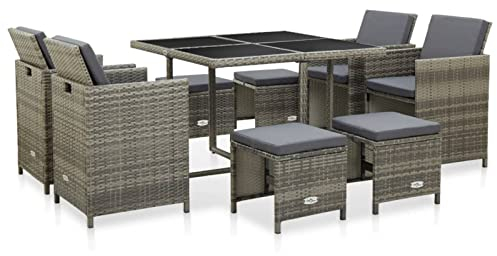 ZEYUAN 9-TLG. Garten-Essgruppe mit Auflagen Poly Rattan Grau, Esstisch Mit Stühlen Set, Gartenmöbel Sitzgruppe, Balkon Möbel, Gartenlounge Set, Terrassenmöbel, Balkonmöbel Set - 46536