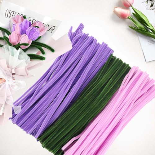 300 Stück Tulpe Blumenstrauß Pfeifenreiniger Set,Biegeplüsch Chenilledraht Basteldraht,Pfeifenputzer Biegeplüsch DIY 3 Farben Pfeifenputzer zum Basteln und Dekorieren für Kinder und Erwachsene