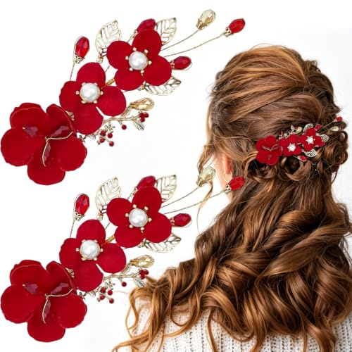 Lot de 2 pinces à cheveux en forme de fleur rouge - Épingles à cheveux avec perles de cristal - Accessoires de mariage pour femmes et filles - Pour Halloween, Noël, bal de fin d'année