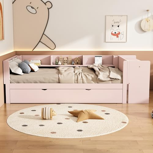 Idemon 90 x 200 cm, letto estraibile con scrivania, tre ripiani sul lato del letto (rosa)