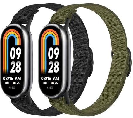 Astorgos 2 Pezzi Cinturino Elastico in Nylon Compatibile Con Xiaomi Mi Band 9/Mi Band 8 per Donna Uomo, Sportivo di Ricambio in Tessuto, Nero+Verde Militare