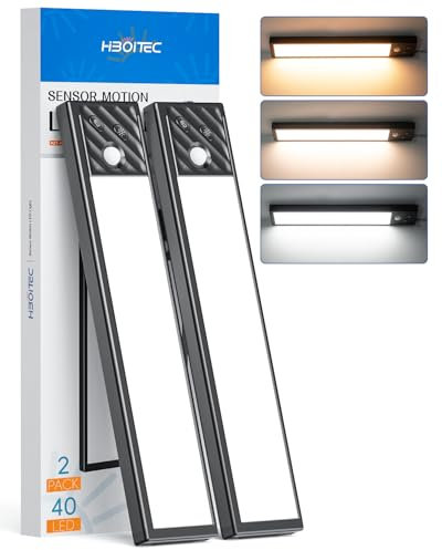 HIBOITEC Reglette Led Cuisine Luminosité Réglable, 40 LED Lumière Cuisine Sous Meuble à Détecteur de Mouvement, Éclairage de Vitrine LED Sans Fil pour Placard Armoire Escalier (3 Couleurs, 22,5 cm)
