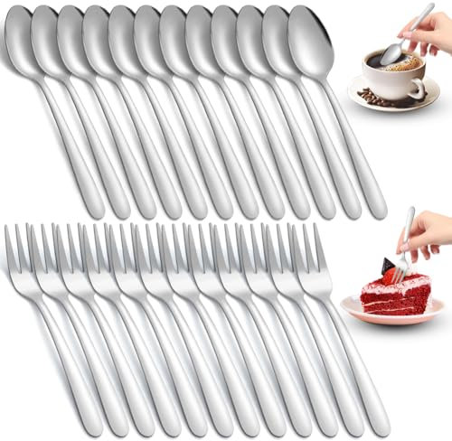 Meenewching Juego de tenedores y cucharas: 12 cucharillas y 12 tenedores de postre, 24 cucharas y tenedores de acero inoxidable, cucharas de café, juego de cubiertos para casa, fiestas, restaurante,