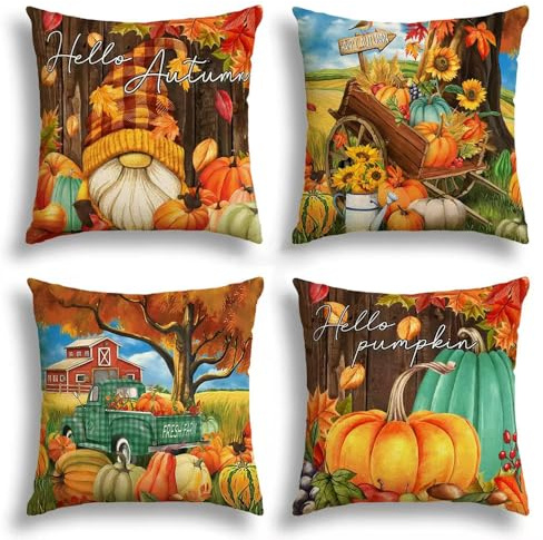 Kissenbezug Herbst 50x50cm 4er Set, Kissenhüllen kissenbezug herbst | für Bauernhaus Thanksgiving Halloween,DekoSofa Home Garten Schlafzimmer Wohnzimmer Herbst Dekoration Dekokissen Kissenbezüge