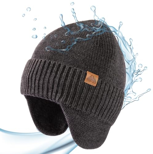 TOP-EX XL/XXL 80% Merinowolle Beanie Herren mit Ohrenklappen wasserdichte Warme Wintermütze für Damen Strickmuetze mit Fleecefutter Outdoor Ski Mütze Grau M/L