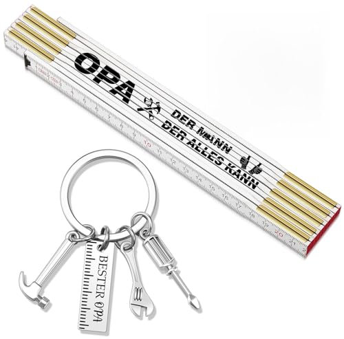 SATINIOR Meterstab Geschenk Set 2 Meter Zollstock und Handwerker Schlüsselanhänger Kreativer Gravur Gliedermaßstab Holz Bester Papa Bester Opa Geburtstag für Männer zum Vatertag Weihnachten(Opa)