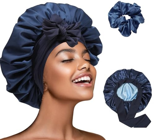 DAJOOEE Seidenhaube zum Schlafen mit Haargummi Damen Seidenhaube Silk Bonnet Schlafhaube Seide Satin Haarhaube Bonnet Sleep Cap Schlafhaube Haarhaube (Dunkelblau, Einheitsgröße-M)