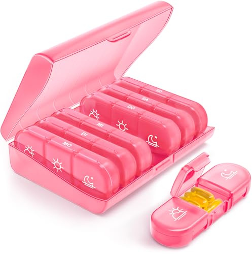 AUVON Tablettenbox 7 Tage 3 Fächer, Doppelter Schutz für Reisen, BPA-frei | Wöchentlicher Pillendose mit großen separaten Fächern für Medikamente, Vitamine, Fischöl, Nahrungsergänzungsmitte, Rosa
