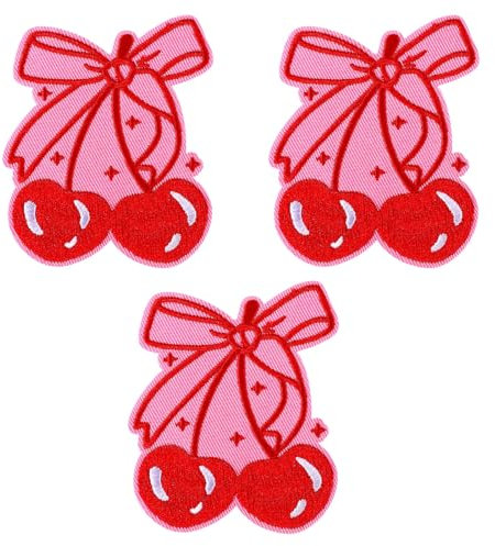 lasuroa 3pcs Cherry Iron On Patches, Cute Red Cherry Bow Iron On Embroidery Patch Applique Accessories for Jeans Hats Clothes Backpacks Fabric DIY