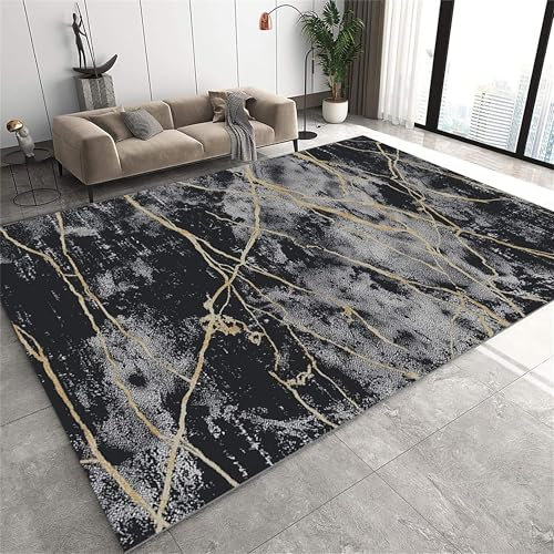 YJDRUG Marmor Design Teppich 80x150cm - Schwarz-Gold Abstract - rutschfest Maschinenwaschbar Kurzflor für Wohnzimmer/Schlafzimmer/Flur