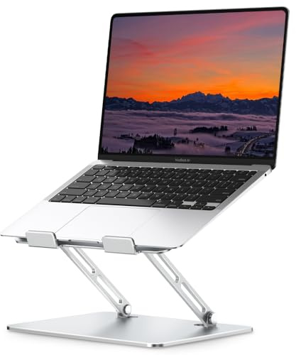 Deflecto Folding Adjustable Height Aluminium Laptop Stand with Vertical Vented Platform suitable for Laptops up to 17 in Silver