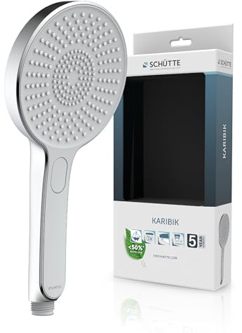 SCHÜTTE Handbrause KARIBIK mit Antikalk-Noppen | Duschkopf mit komfortablem Druckknopf und 3 einstellbaren Strahlarten | Brausekopf Antikalk für die Dusche | Chrom
