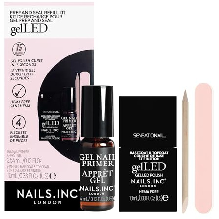Nails.INC GelLED Prep and Seal Gel Nails Refill Kit, Beginner Friendly, Long Lasting Salon Grade Manicure, Gel Nail Primer, 2-in-1 Top Coat, & Base Coat, Nail Filer, Nail Buffer, 4 Piece Set