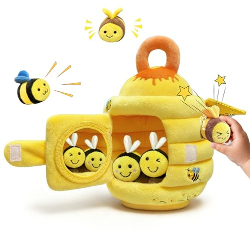 wahaczon Baby Toys - Soft Beehive with 5 Sensory Bees Crinkle, Rattle, Squeaker, Mirror Portable Sensory Toys Montessori Bee Toy for Toddlers, Boy Girl Birthday Christmas Gift