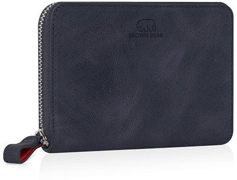 BROWN BEAR Geldbörse Leder Blau mit Reißverschluss & Münzfach - BB Pia BU | Echtleder Vintage Portemonnaie Unisex für Damen und Herren Geldbeutel RFID-Schutz viele Fächer kompakt