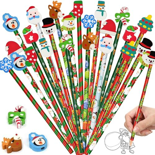 Weihnachten Bleistifte mit Radiergummi,24 Stück Weihnachten HB Bleistift,24 Stück Weihnachts Radiergummi,Weihnachtsstifte Set für Weihnachts Schule Weihnachtsgeschenke Kleinigkeiten
