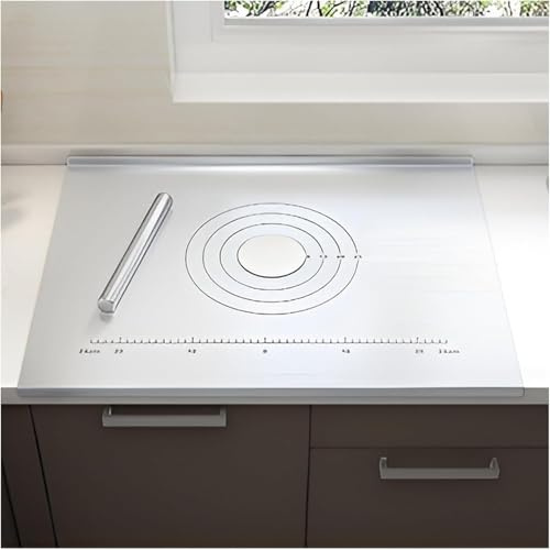 Tagliere in acciaio inox con misure e bordo piegato, superficie antiaderente per pasticceria, pane e pizza