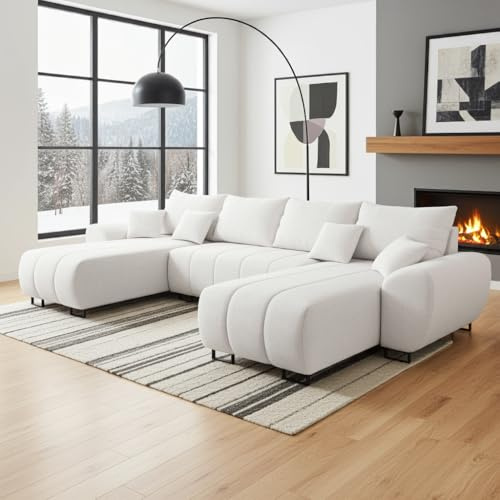 DMSM Ragnar XL Ecksofa mit Schlaffunktion, Bouclé Stoff, Weiß, 400x183x86 cm, Gewellte Federn, Bettzeugbehälter, Wohnzimmer