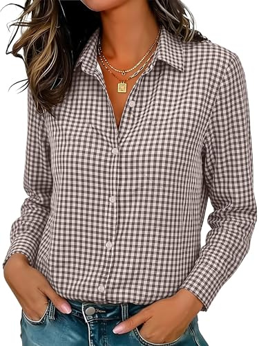 Brown Checkered Shirt Women Slim Fit Business Casual Top Brown Plaid M